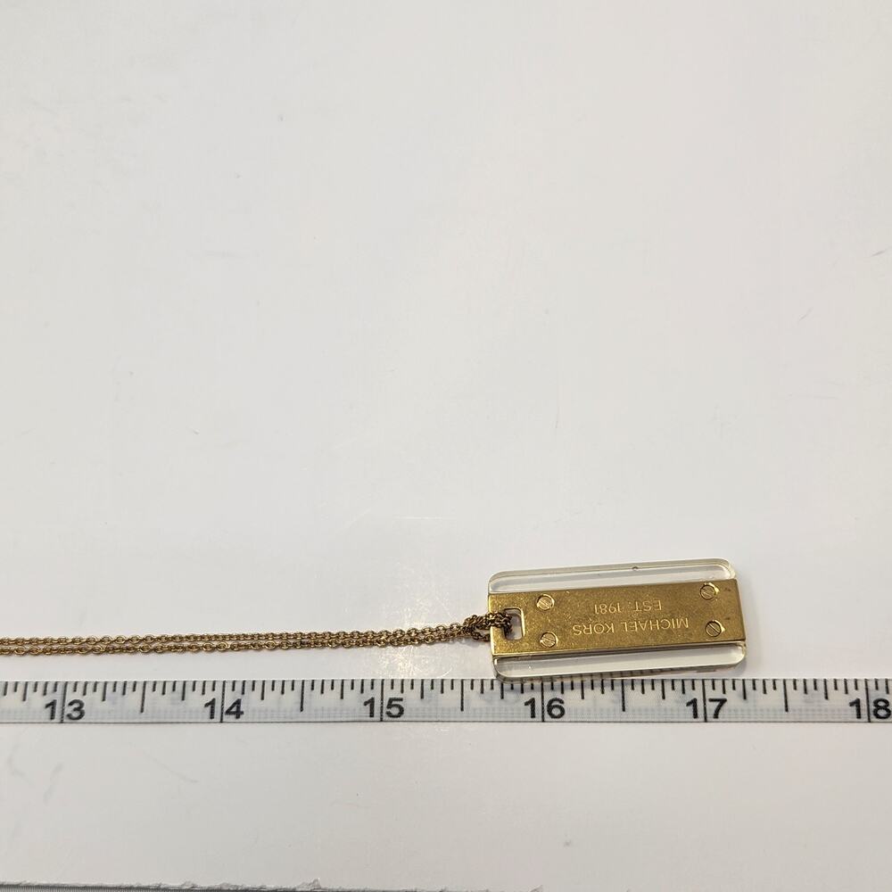 Michael Kors Gold Tone Acetate Logo Dog Tag Pendant Necklace Long Chain Designer - Picture 5 of 6